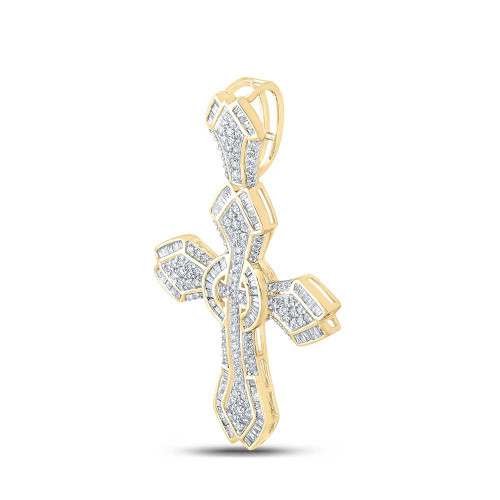 Image of 10kt Yellow Gold Mens Baguette Diamond Cross Charm Pendant 1-5/8 Cttw