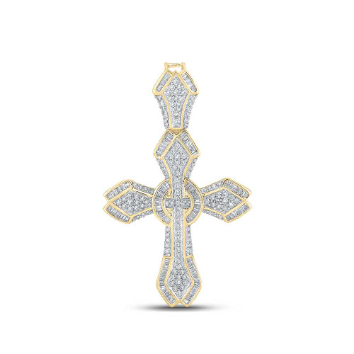 Image of 10kt Yellow Gold Mens Baguette Diamond Cross Charm Pendant 1-5/8 Cttw