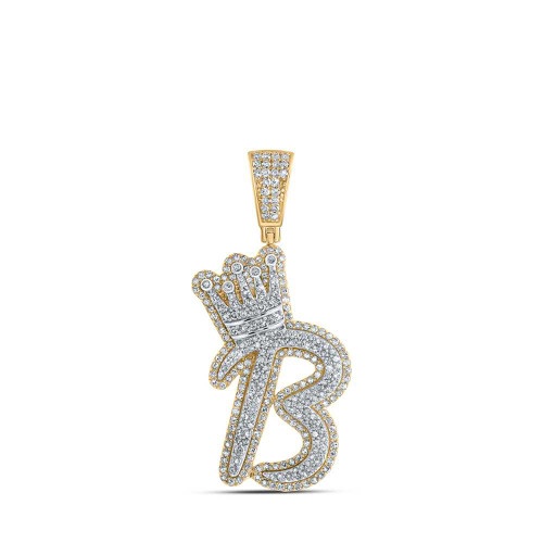 Image of 10kt Yellow Gold Mens Round Diamond B Crown Letter Charm Pendant 1-1/3 Cttw
