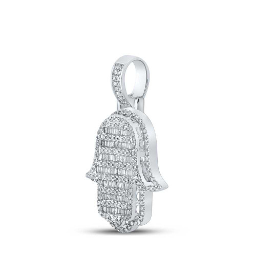 Image of 10kt White Gold Mens Baguette Diamond Hamsa Charm Pendant 7/8 Cttw