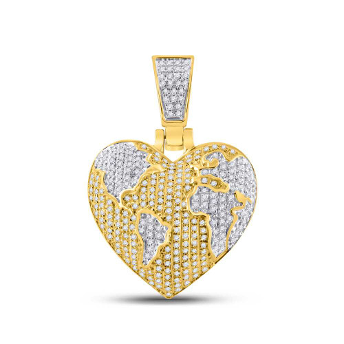 Image of 10kt Yellow Gold Mens Round Diamond Map Heart Charm Pendant 3/4 Cttw