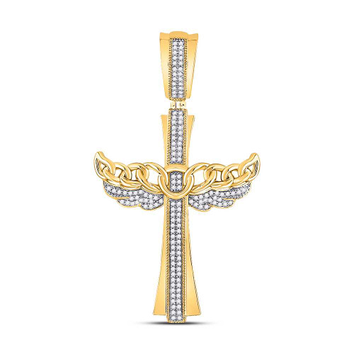 Image of 10kt Yellow Gold Mens Round Diamond Angel Wing Cuban Link Cross Charm Pendant 3/8 Cttw