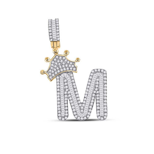 Image of 10kt Yellow Gold Mens Baguette Diamond Crown M Letter Charm Pendant 7/8 Cttw