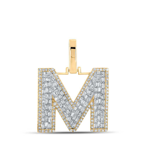 Image of 10kt Yellow Gold Mens Baguette Diamond M Initial Letter Charm Pendant 3/4 Cttw