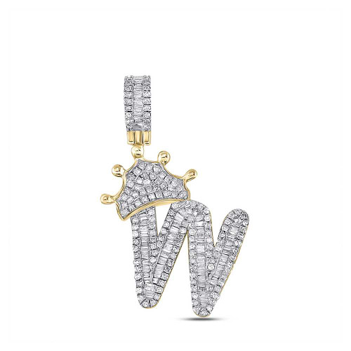 Image of 10kt Yellow Gold Mens Baguette Diamond Crown W Letter Charm Pendant 7/8 Cttw