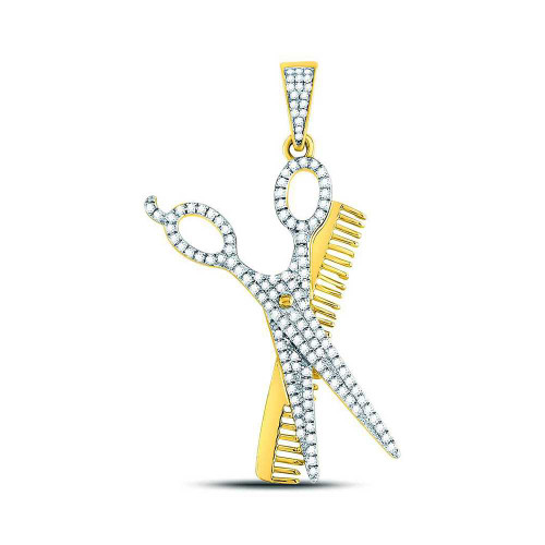 Image of 10kt Yellow Gold Mens Round Diamond Scissors Comb Barber Charm Pendant 3/4 Cttw