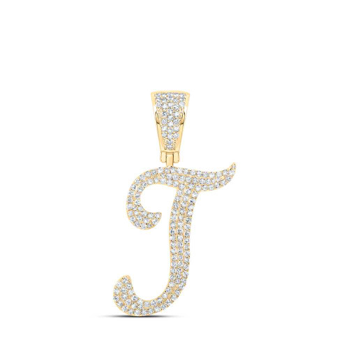 Image of 10kt Yellow Gold Mens Round Diamond T Initial Letter Charm Pendant 3/4 Cttw