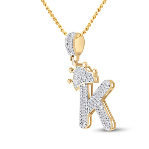 Image of 10kt Yellow Gold Mens Baguette Diamond Crown K Letter Charm Pendant 5/8 Cttw