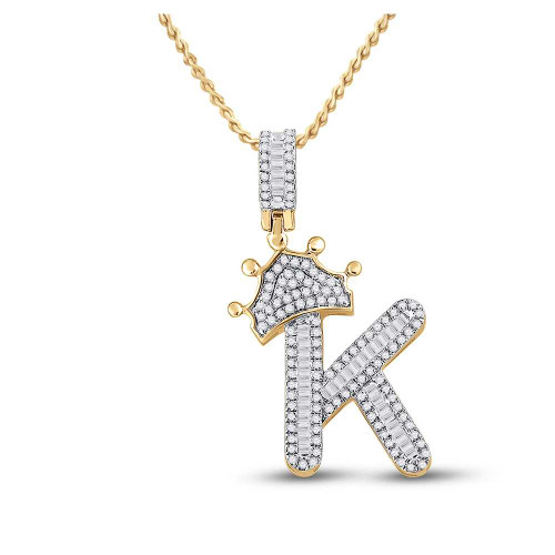 Image of 10kt Yellow Gold Mens Baguette Diamond Crown K Letter Charm Pendant 5/8 Cttw