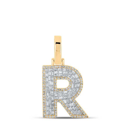 Image of 10kt Yellow Gold Mens Baguette Diamond R Initial Letter Charm Pendant 5/8 Cttw