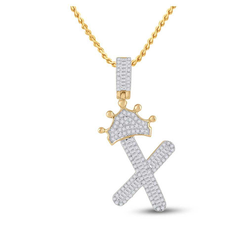 Image of 10kt Yellow Gold Mens Baguette Diamond Crown X Letter Charm Pendant 5/8 Cttw