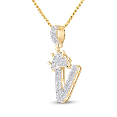 Image of 10kt Yellow Gold Mens Baguette Diamond Crown V Letter Charm Pendant 5/8 Cttw