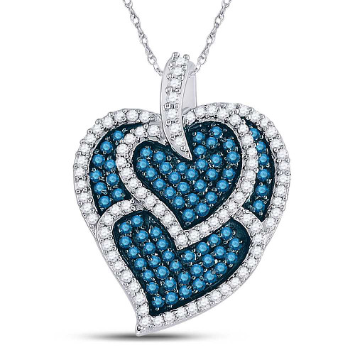 Image of 10kt White Gold Womens Round Blue Color Enhanced Diamond Tripled Heart Outline Pendant 1 Cttw