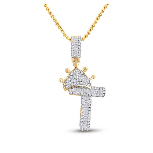 Image of 10kt Yellow Gold Mens Baguette Diamond Crown T Letter Charm Pendant 1/2 Cttw