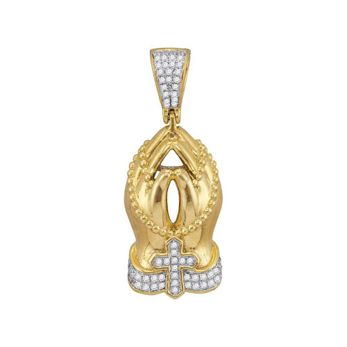 Image of 10kt Yellow Gold Mens Round Diamond Rosary Praying Hands Charm Pendant 1/4 Cttw