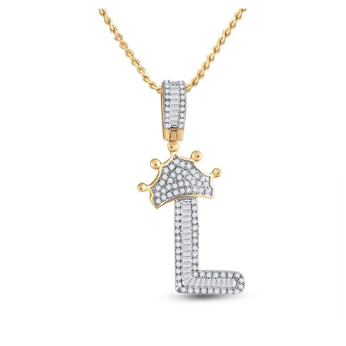 Image of 10kt Yellow Gold Mens Baguette Diamond Crown L Letter Charm Pendant 1/2 Cttw