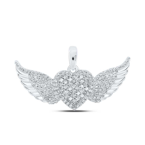 Image of 10kt White Gold Womens Round Diamond Diamond Wing Heart Pendant 3/8 Cttw