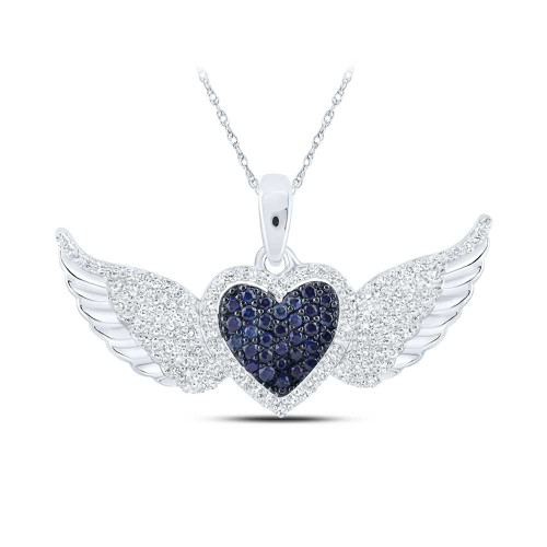 Image of 10kt White Gold Womens Round Blue Sapphire Diamond Wing Heart Pendant 3/8 Cttw