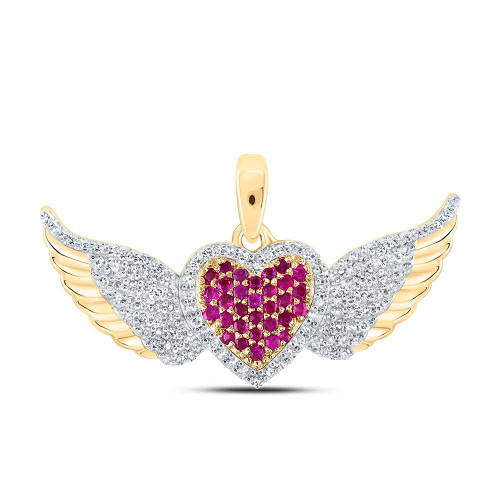 Image of 10kt Yellow Gold Womens Round Ruby Diamond Wing Heart Pendant 3/8 Cttw