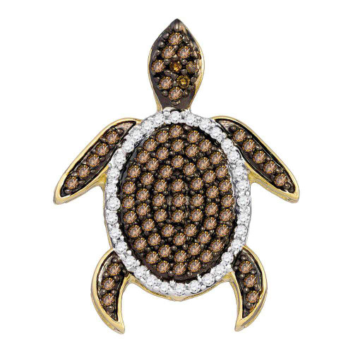 Image of 10kt White Gold Womens Round Brown Diamond Sea Turtle Animal Pendant 3/8 Cttw