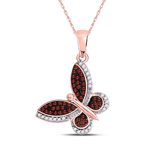 Image of 10kt Rose Gold Womens Round Red Color Enhanced Diamond Butterfly Bug Pendant 1/5 Cttw