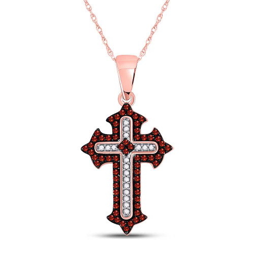 Image of 10kt Rose Gold Womens Round Red Color Enhanced Diamond Gothic Cross Pendant 1/5 Cttw