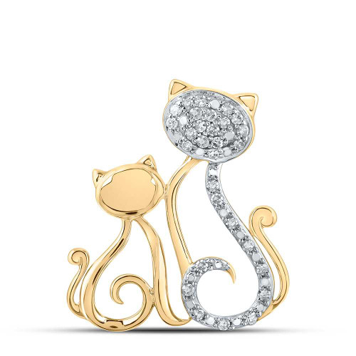 Image of 10kt Yellow Gold Womens Round Diamond Cat Mom Child Animal Pendant 1/8 Cttw