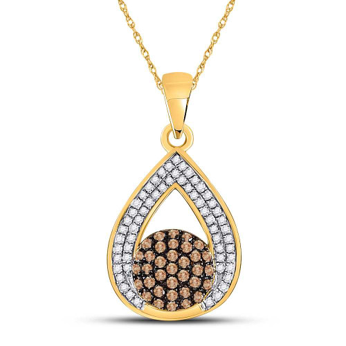 Image of 10kt Yellow Gold Womens Round Brown Diamond Teardrop Cluster Pendant 1/3 Cttw