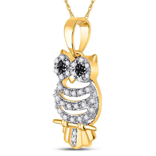 Image of 10kt Yellow Gold Womens Diamond Owl Pendant 1/6 Cttw