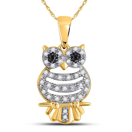 Image of 10kt Yellow Gold Womens Diamond Owl Pendant 1/6 Cttw