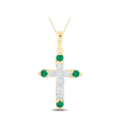 Image of 10kt Yellow Gold Womens Round Emerald Diamond Cross Pendant 1/5 Cttw