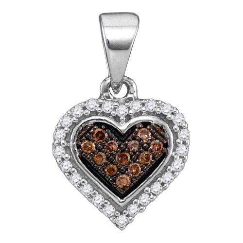 Image of 10kt White Gold Womens Round Brown Diamond Heart Cluster Pendant 1/8 Cttw