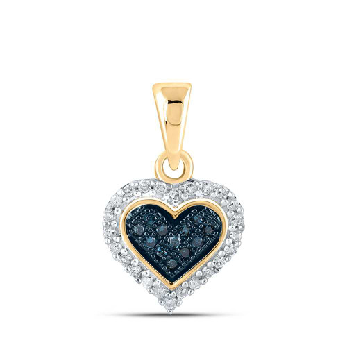 Image of 10kt Yellow Gold Womens Round Blue Color Enhanced Diamond Heart Pendant 1/8 Cttw