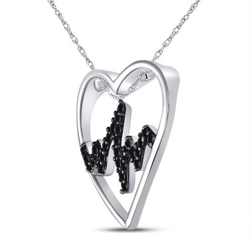 Image of Sterling Silver Womens Round Black Color Enhanced Diamond Heartbeat Heart Pendant 1/10 Cttw