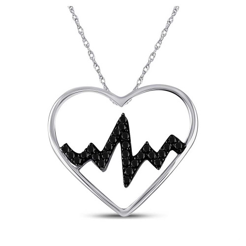 Image of Sterling Silver Womens Round Black Color Enhanced Diamond Heartbeat Heart Pendant 1/10 Cttw