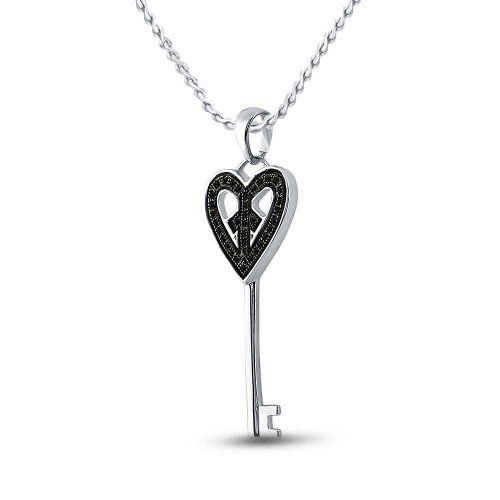 Image of Sterling Silver Womens Round Black Color Enhanced Diamond Key Heart Pendant 1/10 Cttw