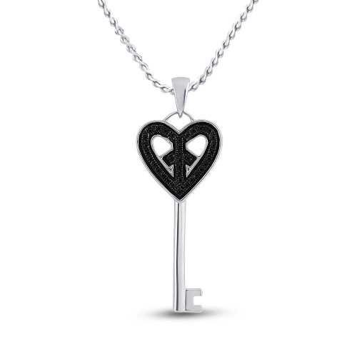 Image of Sterling Silver Womens Round Black Color Enhanced Diamond Key Heart Pendant 1/10 Cttw