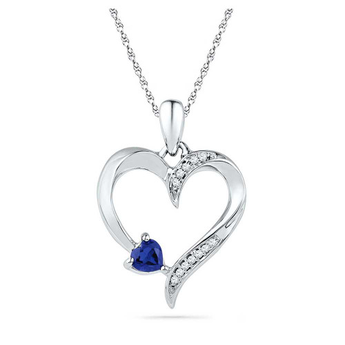 Image of Sterling Silver Womens Round Synthetic Blue Sapphire Heart Pendant 1/4 Cttw