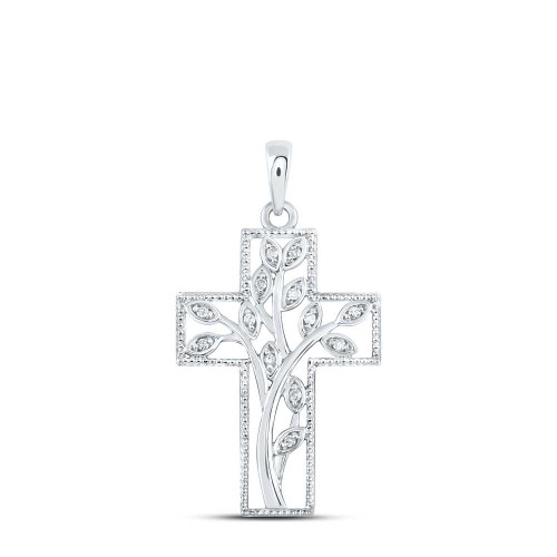Image of Sterling Silver Womens Round Diamond Cross Pendant 1/12 Cttw