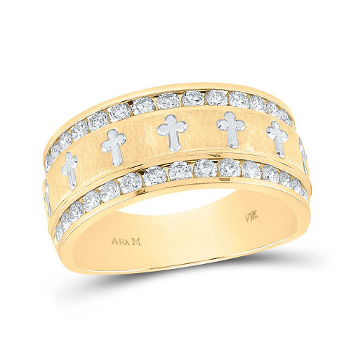 Image of 14k Yellow Gold Mens Round Diamond Grecco Cross Wedding Anniversary Band Ring 1 Cttw
