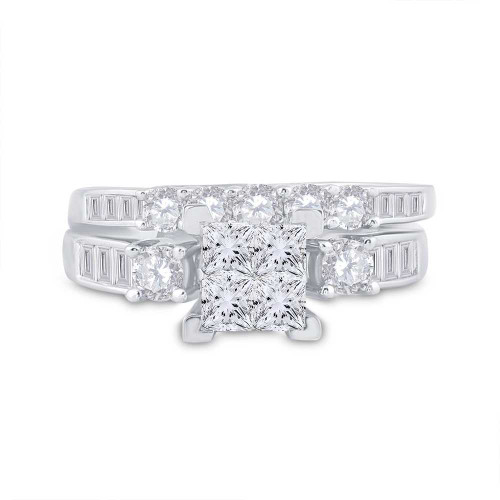 Image of 14kt White Gold Princess Diamond Bridal Wedding Ring Band Set 1-1/2 Cttw
