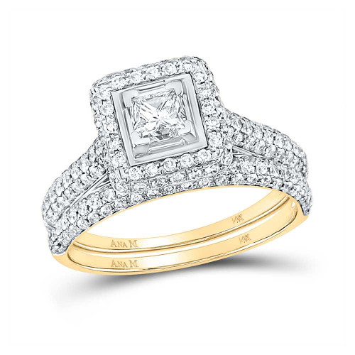 Image of 14kt Yellow Gold Princess Diamond Halo Bridal Wedding Ring Band Set 1-1/4 Cttw