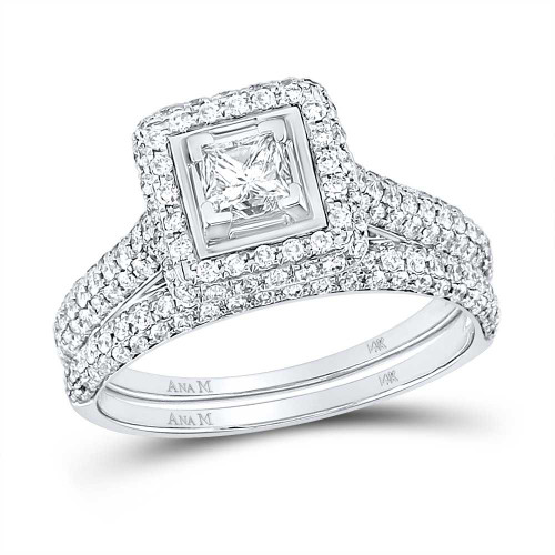Image of 14kt White Gold Princess Diamond Halo Bridal Wedding Ring Band Set 1-1/4 Cttw