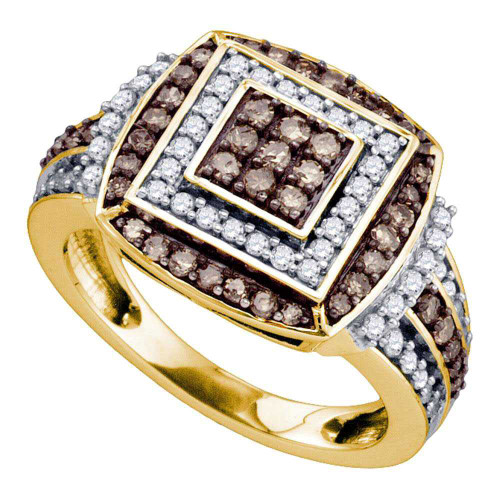Image of 10kt Yellow Gold Womens Round Brown Diamond Square Cluster Ring 1 Cttw