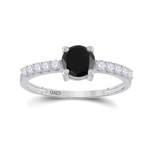 Image of 10kt White Gold Round Black Color Enhanced Diamond Solitaire Bridal Engagement Ring 1 Cttw