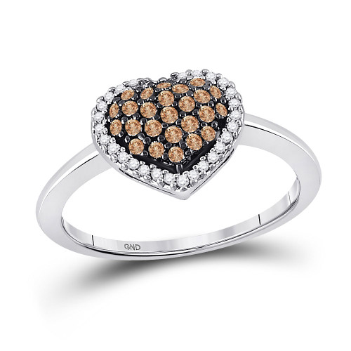 10k White Gold Brown Round Diamond Cluster Womens Heart Ring 1/3 Cttw