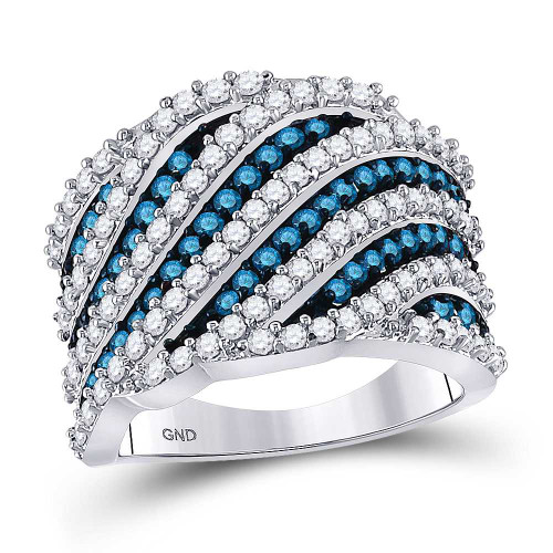 Image of 10kt White Gold Womens Round Blue Color Enhanced Diamond Stripe Fashion Ring 1-3/4 Cttw