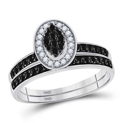 Image of 10kt White Gold Womens Round Black Color Enhanced Diamond Bridal Wedding Ring Set 1/2 Cttw