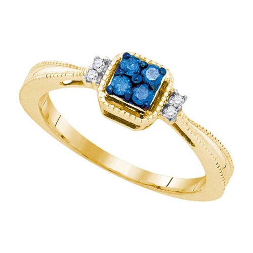 Image of 10kt Yellow Gold Womens Round Blue Color Enhanced Diamond Simple Cluster Ring 1/6 Cttw