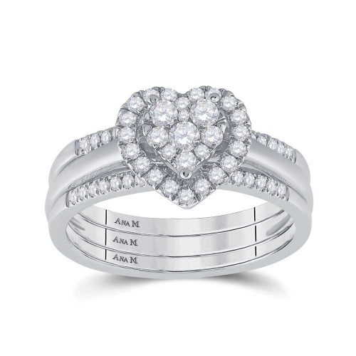 Image of 14kt White Gold Diamond Heart 3-Piece Bridal Wedding Ring Band Set 1/2 Cttw